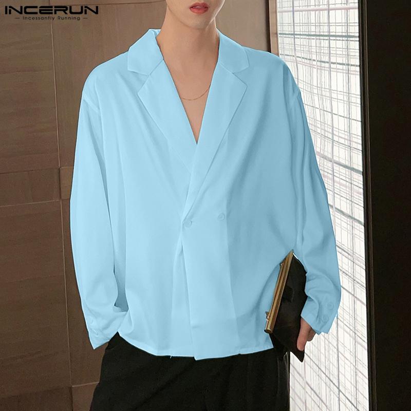 INCERUN Men Autumn Lapel Neck Double-breasted Long Sleeve Shirts Tops