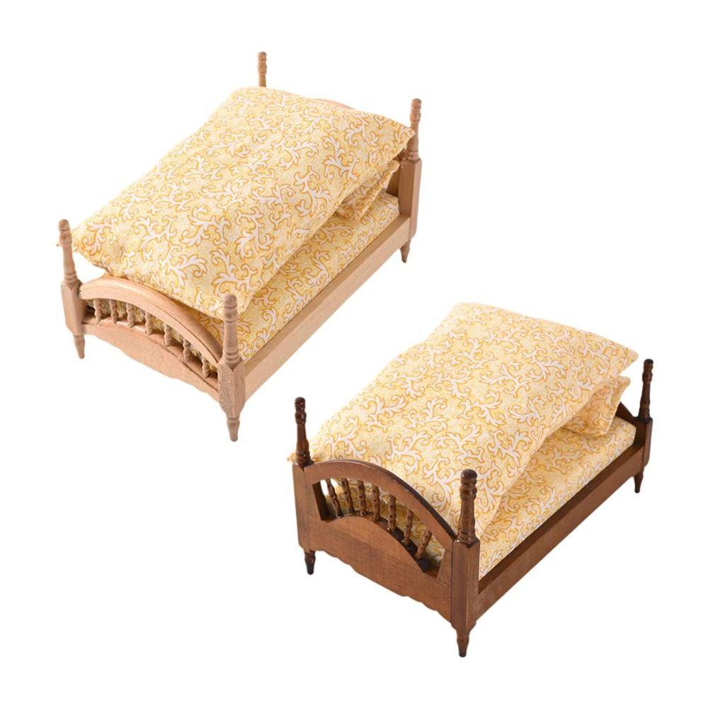 Bedroom Dollhouse Wood Bed 1:12 Simulation Single Bed Miniature Wood Bed  Pretend Play