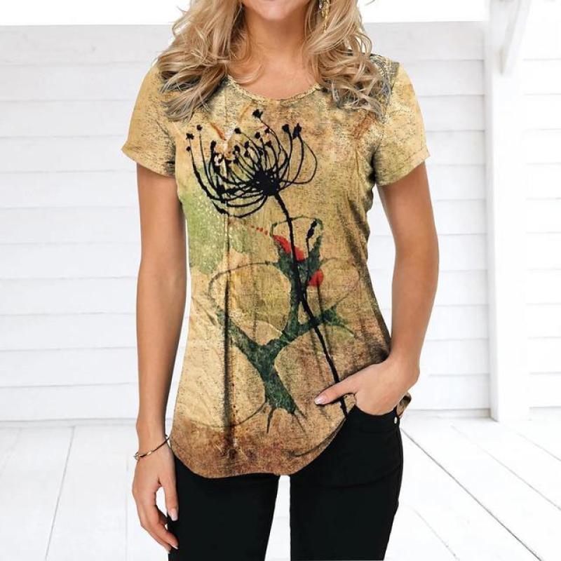 Летняя женская футболка в стиле ретро с цветочным принтом, повседневная повседневная футболка, обычный пуловер для женщин, женская одежда с коротким рукавом и круглым вырезом