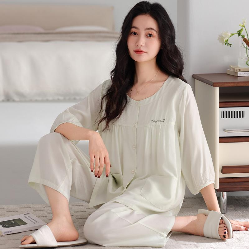 Pajamas Ladies Summer Seven-Point Cuffs Chest Pad Tencel Lyocell Middle-aged Mom Lady Wind No Collar Homewear