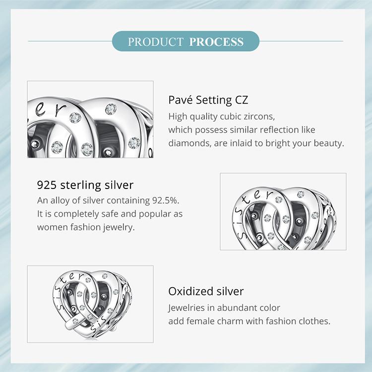 WOSTU 925 Sterling Silver Cubic Zirconia Sister Heart Bead Charms for Women Necklace and Bracelet DIY Jewelry