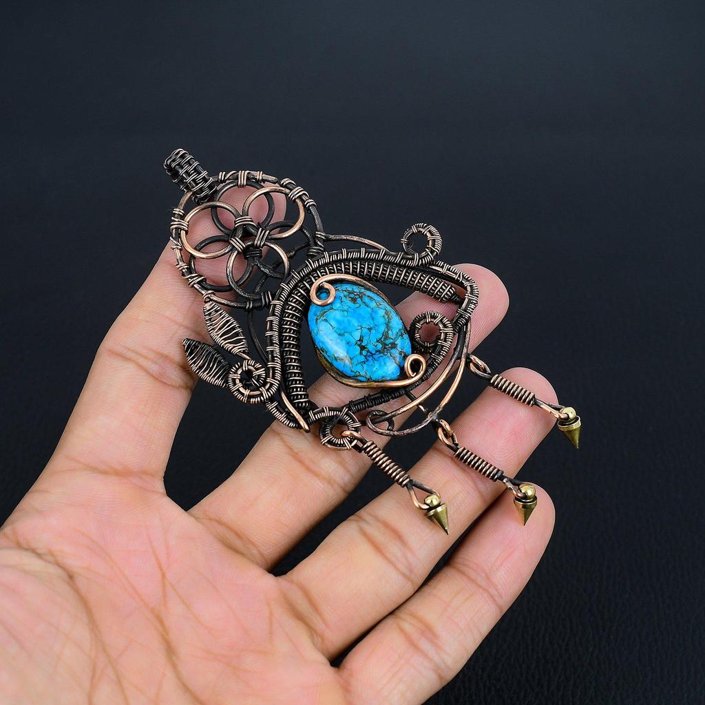 Blue Turquoise Handmade Gemstone Pendant, 999 Copper Wire Wrapped Antique Jewelry Pendant, For Engagement Gift