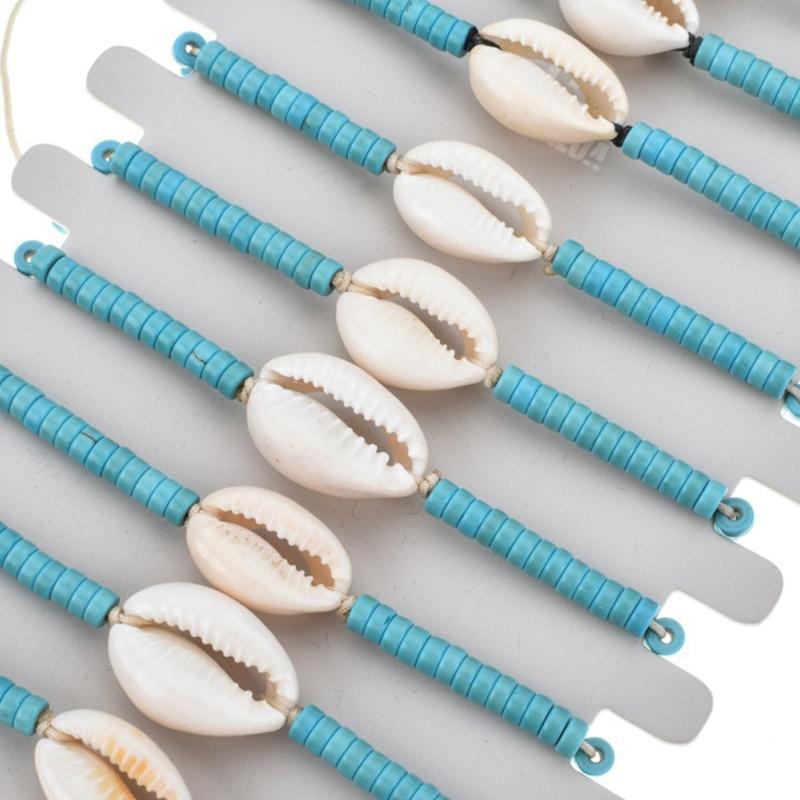 12pcs/lot Bohemian Shell Charm Braided Bracelet For Women Child Wood Bead Adjustable Rope Chain Anklet Jewelry