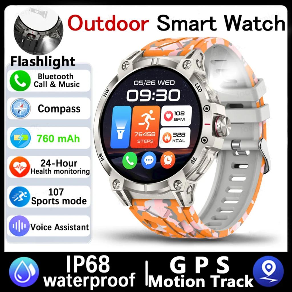 2025 New Outdoor Smart Watch Men 600mAh LED Flashlight SmartWatch Compass Bluetooth call Heart rate IP 68 Sports Smartwatch 5ATM