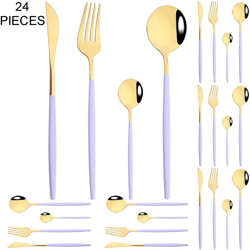 Gold 24Pcs Dinnerware Cutlery Set Knife Fork Coffee Spoon Tableware Set Mirror Stainless Steel Flatware Western Kitchen Silverware