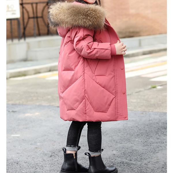 Новая модная детская теплая пуховая куртка Зимняя для девочек с меховым воротником Белый утиный пух Длинная куртка 120-170 см