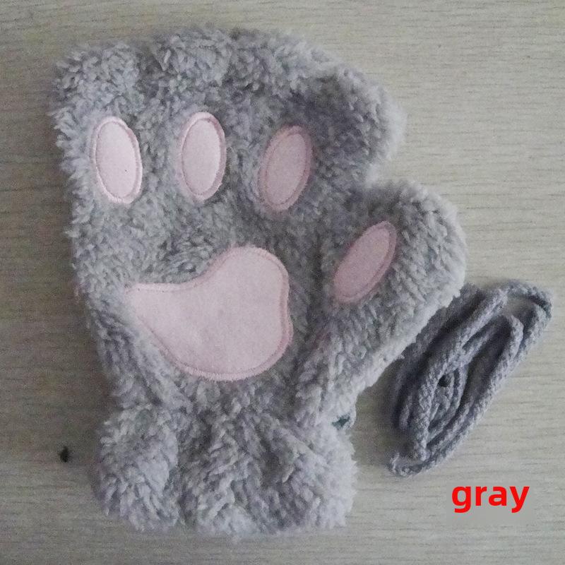 Перчатки с когтями кошки, зимние милые перчатки без пальцев для девочек с рисунком кошки из мультфильма, утолщенные бархатные перчатки с полупальцами в виде медвежьей лапы