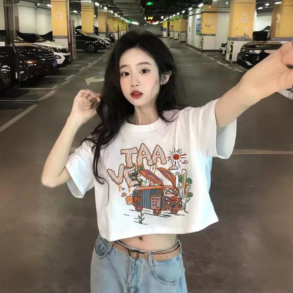 Pure Cotton Short T-shirt Design Summer Hot Girl Short Sleeve Black Loose Top