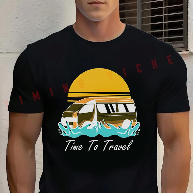 Summer Cotton T-shirt Time To Travel Graphic Motorcycle Tee Casual Short-sleeve Motorbike Cycling Top