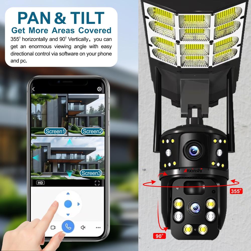 Solar Street Light Three Screen Monitoring Camera, Outdoor Day and Night Full-color Mobile Phone Remote Wireless Camera