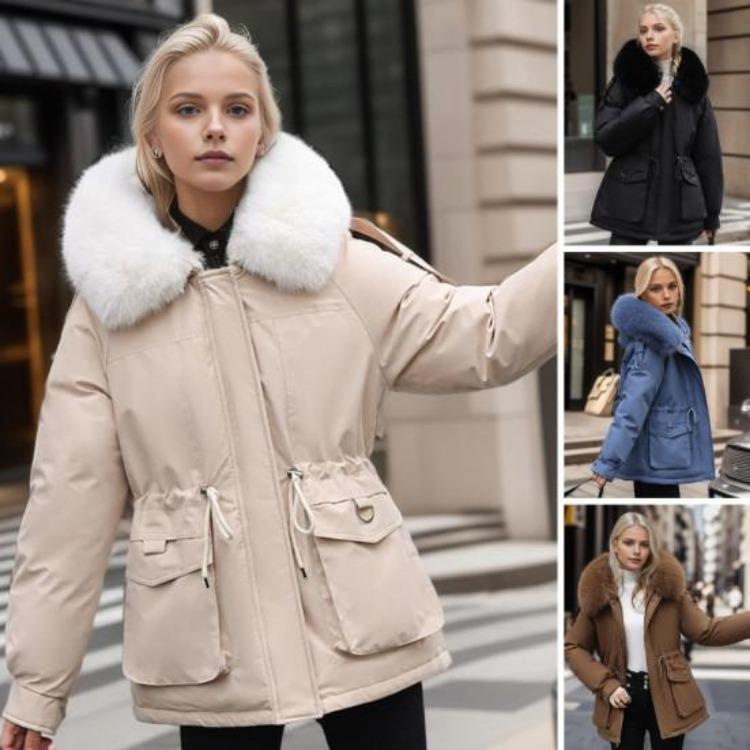 Winter Women Coat Cotton Jacket Furry Hood Thickened Plush Mid Length Long Sleeves Elastic Waist Zipper Closure Pockets