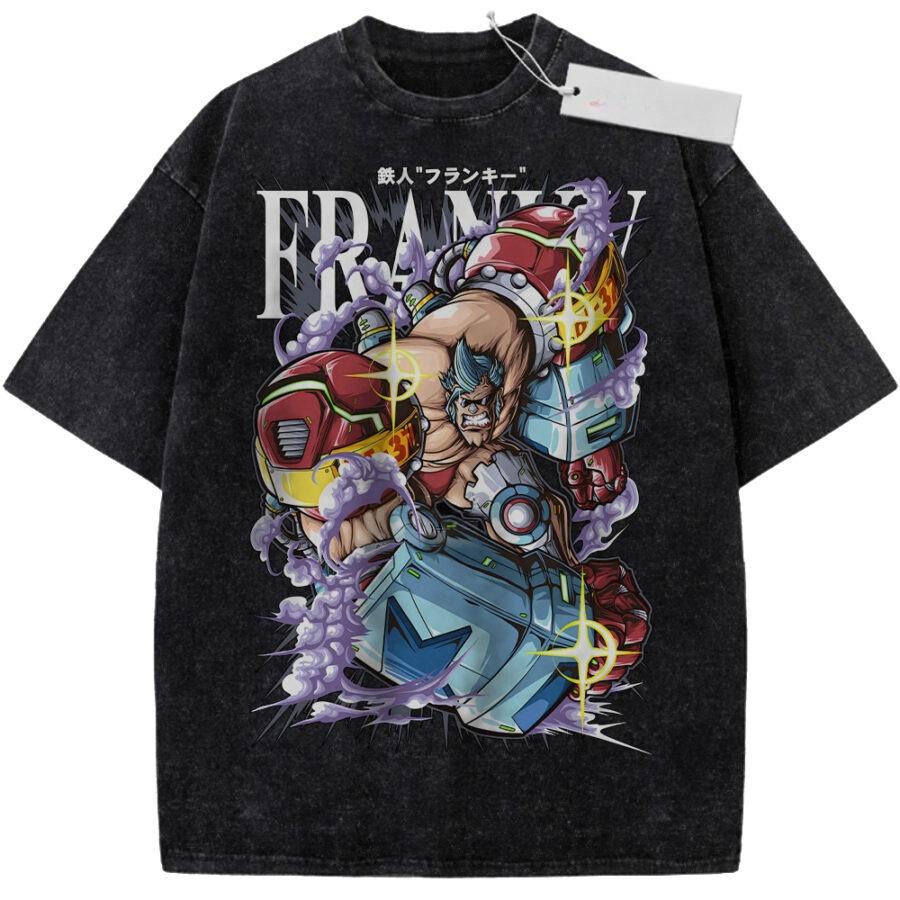 Unisex Black Washed Vintage T Shirt One Piece Iron Man Franky Mecha High Quality Fabric for Fitness Casual Shopping
