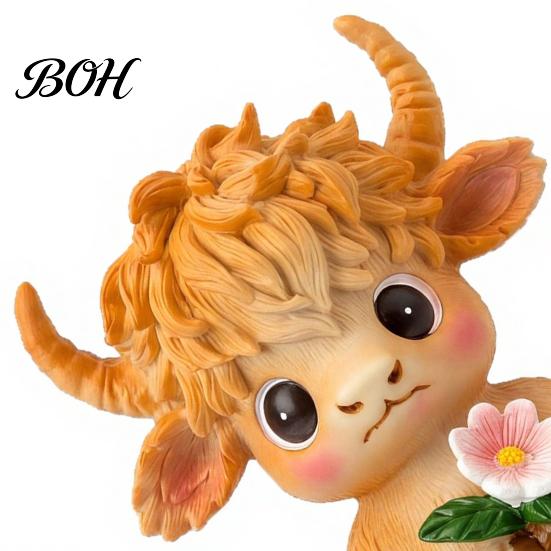 Pastoral Style Desktop Decor Highland Cow Holding Flower Statue, Cute Resin Animal Figurine, Desk Accessories for Women Farmhouse Sculpture