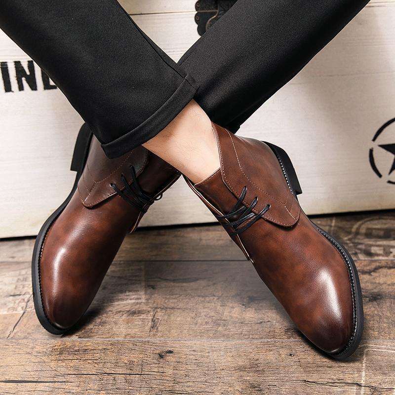 Модные Новые Мужские Деловые Ботильоны из ПУ Высокие Короткие Ботинки на Шнуровке Деловые Брендовые Ботинки Челси Европейский Стиль Размер 38-48 Мужские Ботинки