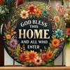 "God Bless This Home" Floral Wreath Welcome Sign - 8in Round, No Batteries Required, Perfect for All Seasons,Entryway Decor