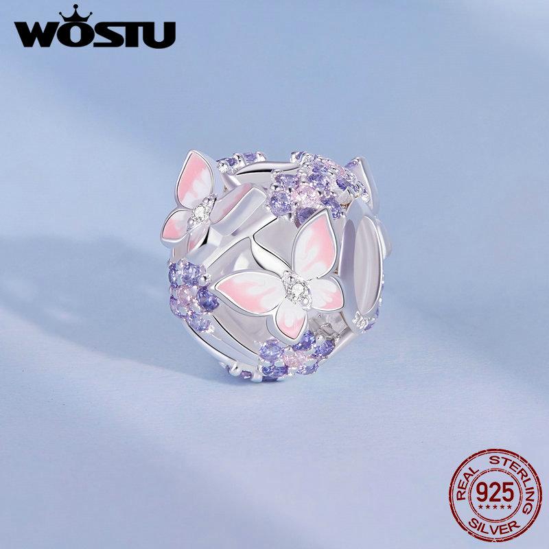 WOSTU Стерлингового Серебра 925 пробы, мистический фиолетовый цветок, подвески, бусины, защитная цепочка в виде бабочки, подходит для оригинального браслета, DIY ожерелье, ювелирные изделия