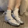 Fashion Silver Ballet Leather Shoes Ladies French Mary Jane Pumps Fashion Low Heel Square Toe Shoes Cross Strap New Women's High Heels