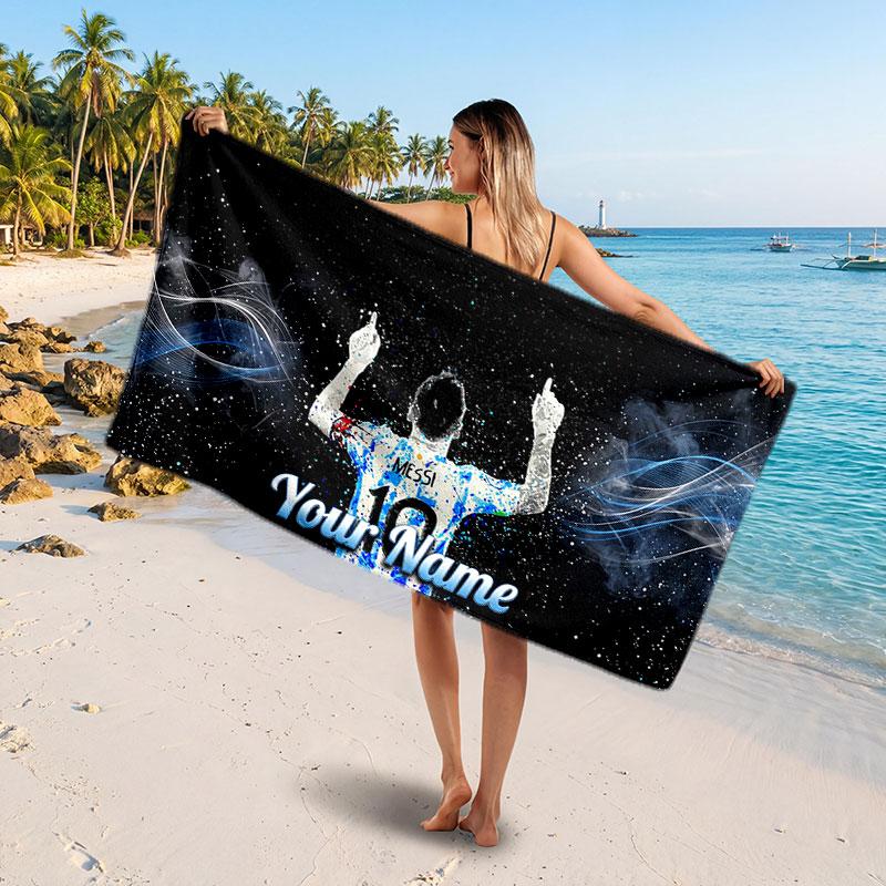 Lionel Messi Custom Beach Towel, Personalized Name Text Print, Football Logo Soft Quick‑Dry Towel Holiday Gift