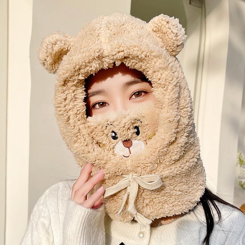 Women's Cute Bear Plush Winter Headband Scarf Mask - Windproof, Warm, Cycling Accessory