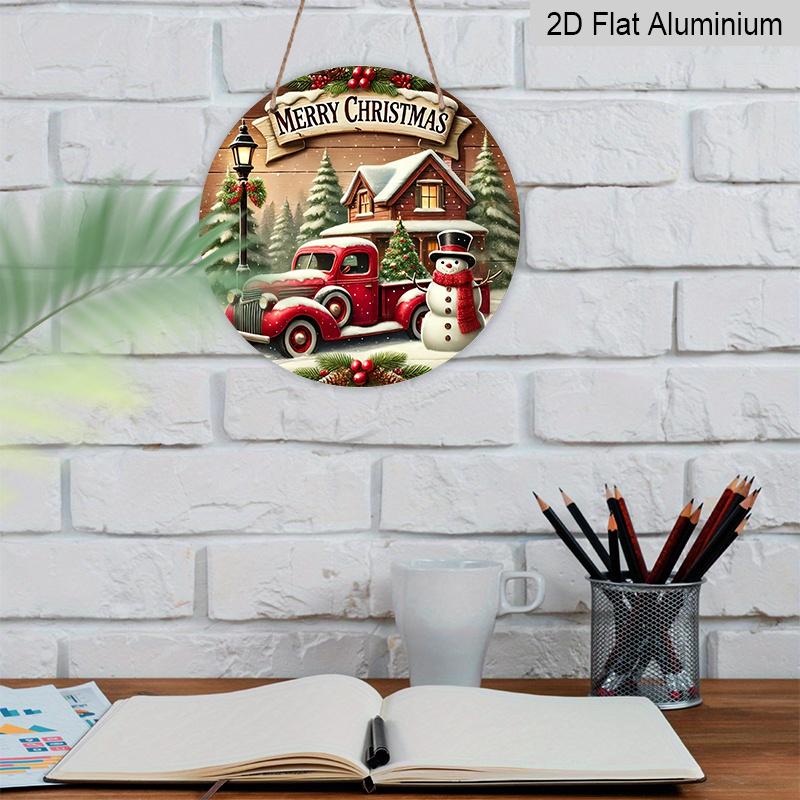 2D плоский, 1 шт. Крулый винтажный алюминиевый подвесной орнамент «Счастливого Рождества», Зимняя сцена с заснеженной хижиной, сосной и ягодами падуба, Металлическое настенное/дверное подвесное украшение