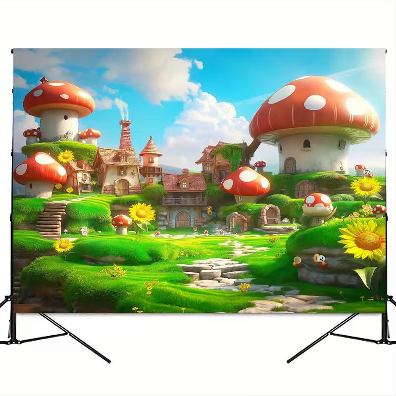 2D Magical Mushroom Town Backdrop for Enchanted Themed Celebrations