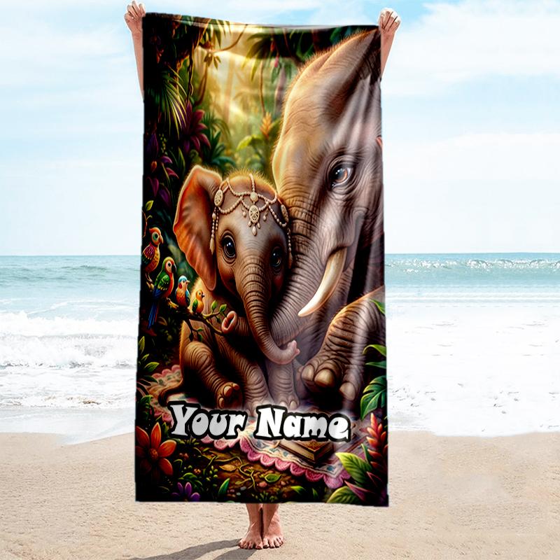 1PC Custom Name Elephant Family Jungle Beach Towel Highly Absorbent And Sand-Resistant Towel for Swimming, Pool, Yoga, And Travel Lightweight