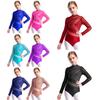 Girls Figure Skating Leotard Sparkling Rhinestones Sheer Mesh Long Sleeves Cutout Back Design Gymnastics Competition Costume