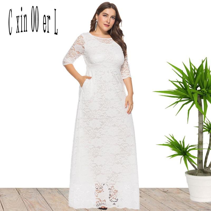 Плюс Размер Xl-6xl Весна Осень Полое Кружевное Платье Европейские Высококачественные Вечерние Женские Белые Черные Платья