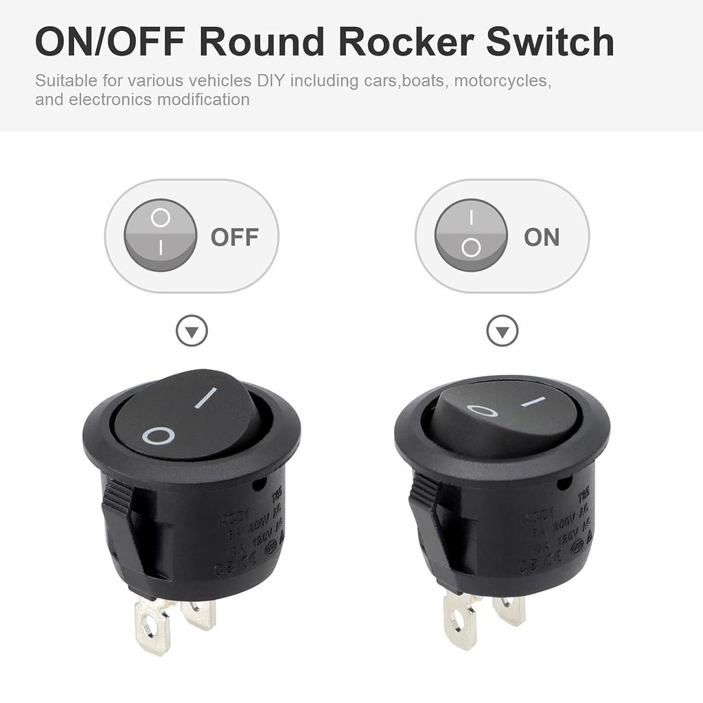 Round Rocker Switch, 6 Pcs Mini Rocker Switch, 12 Volt ON Off Toggle Switch with Pre-Wired 6A/250V 10A/125V AC, 12VDC Electrical Switches for Boat,