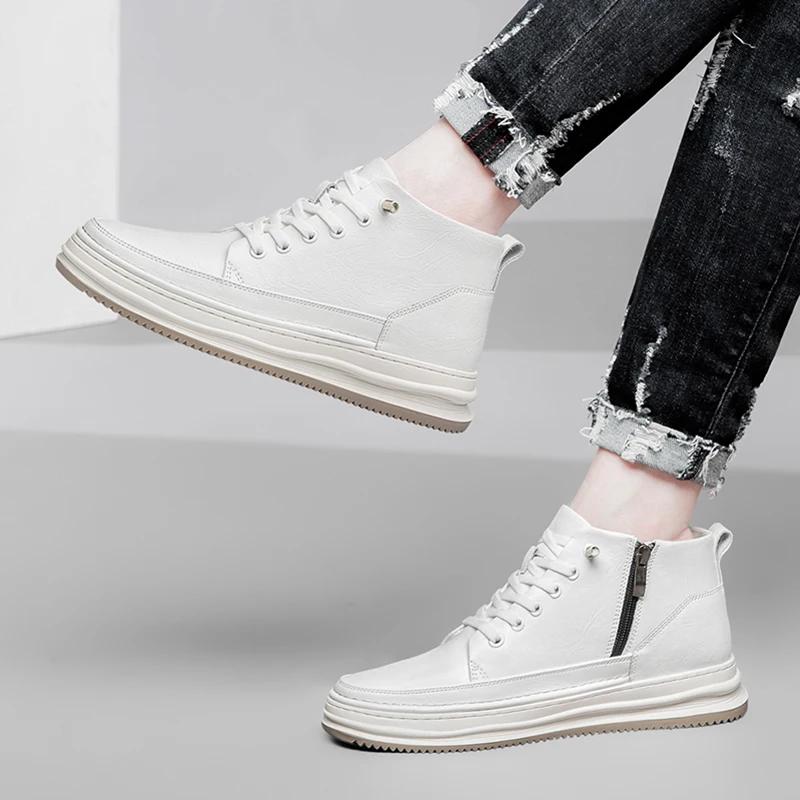 Новые мужские туфли из натуральной кожи, повседневная обувь, роскошные мужские ботильоны, толстые мотоциклетные ботинки, высокие мужские кроссовки белого цвета