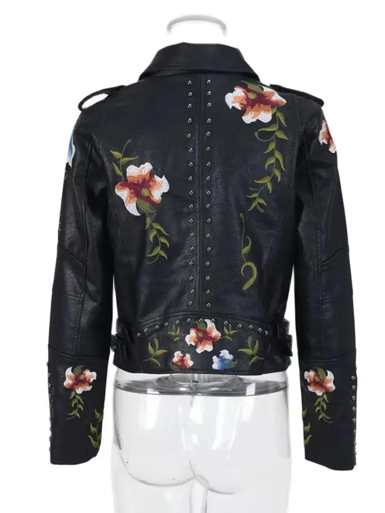 High Street Moto Rivet Black Punk Embroidery Faux Leather Jackets Women  Outerwear Biker Spring Autumn Floral Print Coats Plus Size