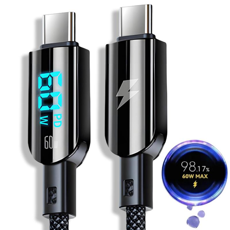 60 Вт кабель для быстрой зарядки типа C со светодиодным цифровым дисплеем, зарядный шнур USB C для iPhone 15 Pro Max, Samsung, Xiaomi, PD, линия передачи данных