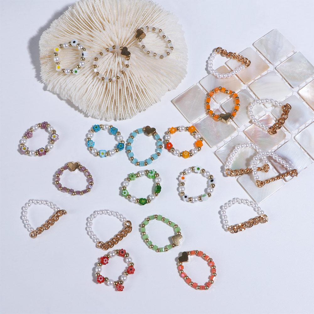 Cute Elastic Pearl Bohemia Love Heart Flower Party Jewelry Women Ring Finger Ring Set Beaded Rings