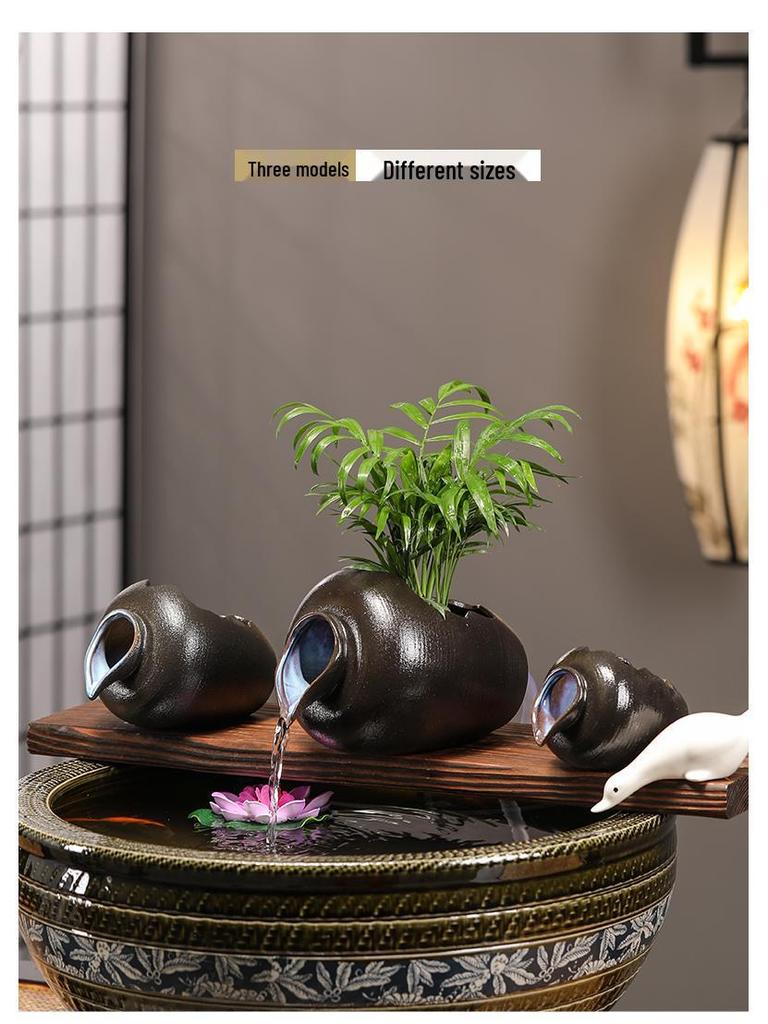 Ancient Method Fish Ecosystem: Flowing Water Pottery Jar with Open Circulation for Creative Landscaping and Balcony Décor.