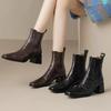 2025 NEW Women's New Autumn/Winter Square Headed Genuine Leather Sheepskin Elastic High Heels Large Calf Short Boots
