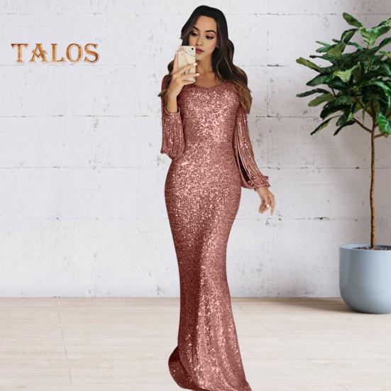 Женское платье для выпускного вечера с кисточками и рукавами-футляром, облегающее платье с V-образным вырезом, однотонное вечернее платье с блестками и рыбьим хвостом, коктейльное платье макси