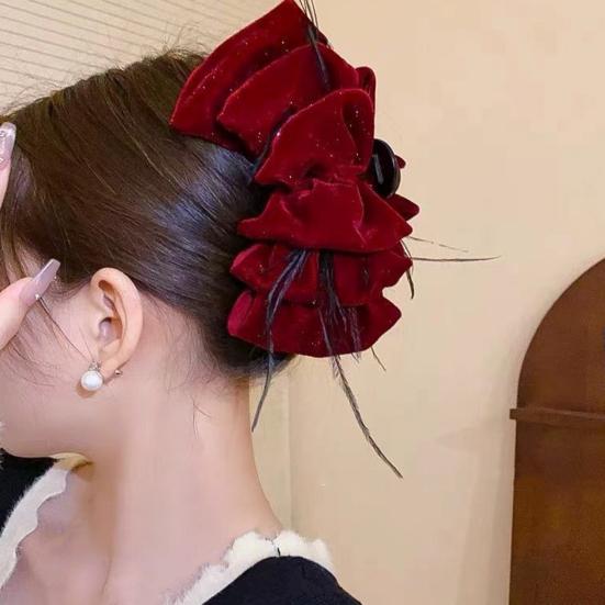 Women Hair Claw Large Pleated Velvet Multi-Layered Bowknot Decor Versatile Hair Clamp