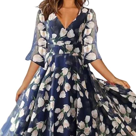 Рукав до половины Цветочный принт V-образный вырез А-силуэт Большой свободный крой Плиссированная сетка Пэчворк Длина до середины икры