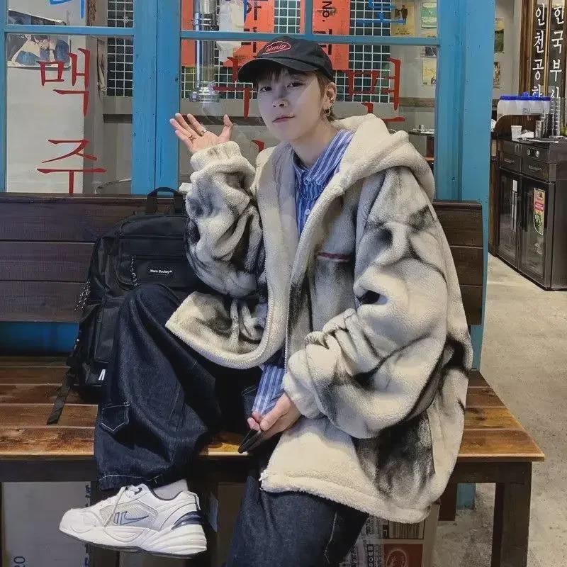 Мужское зимнее хлопковое пальто с капюшоном - корейский стиль, овечья шерсть и бархат, повседневная куртка свободного кроя.