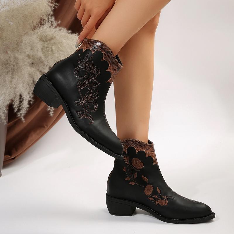Classic Embroidered Western Boots Women 2024 Winter Retro Pointed Toe Women's Boots Comfortable Mid-heel Zipped Ankle Boots