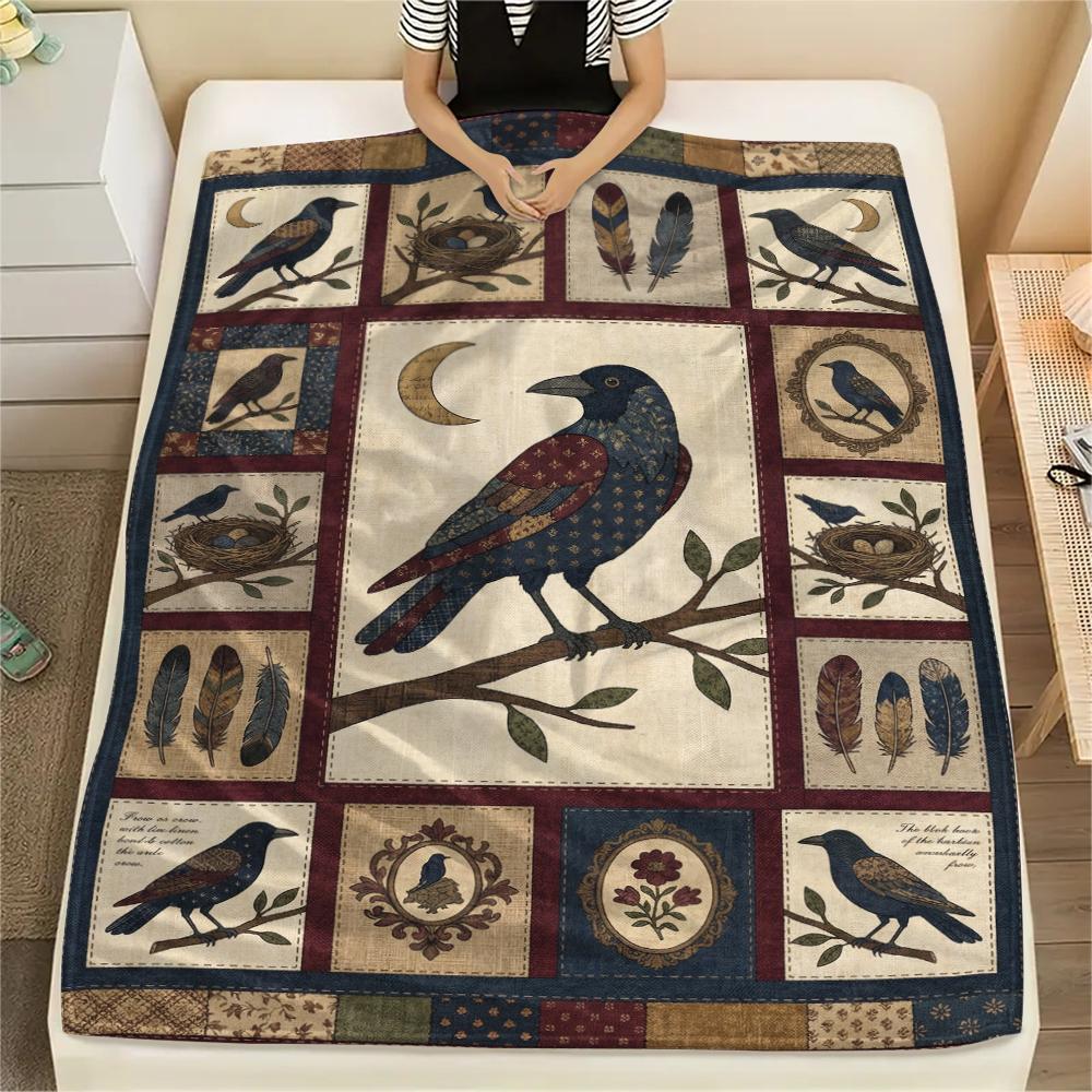 Crow Print Flannel Blanket, High quality Comfortable for All Seasons, Home Decor, Warmth and Comfort, Perfect for Christmas Gifts47