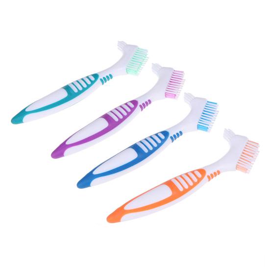 Двусторонняя зубная щетка для зубных протезов Эргономичная ручка Пластиковая многослойная щетина Искусственные зубы Щетка для ухода за полостью рта для домашнего использования