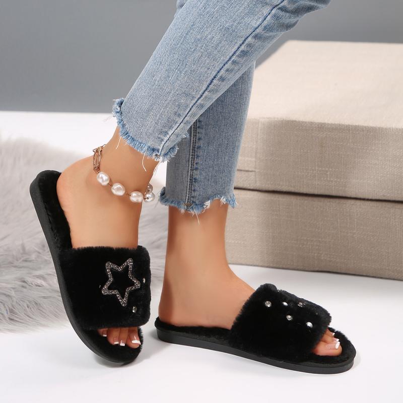Модные панк-хлопковые шлепанцы с блестящей звездой для женщин 2025 Зимние теплые короткие плюшевые тапочки на плоской подошве Комфортные мягкие домашние тапочки
