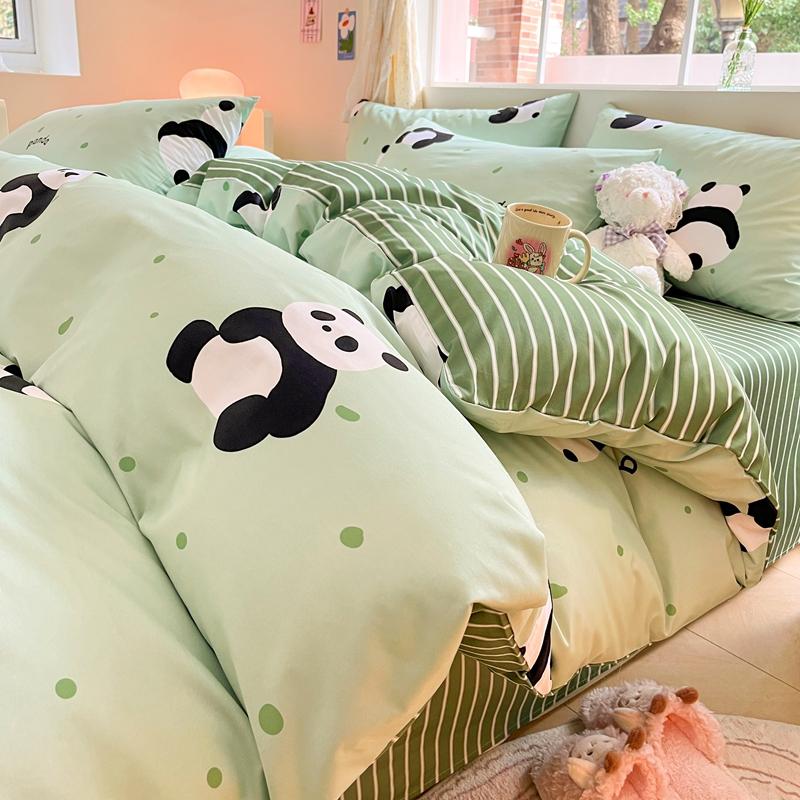 Cute Animal Panda Duvet Cover 3pcs Cotton Cartoon Black White Chinese Panda Bedding Set Soft Reversible Stripe Comforter Cover