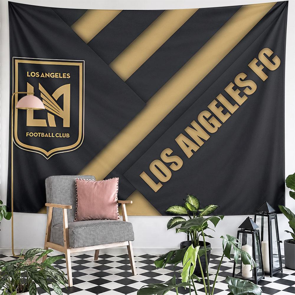 Black background with gold LAFC logo and diagonal stripes. Patterned tapestry for bedroom and living room home decor