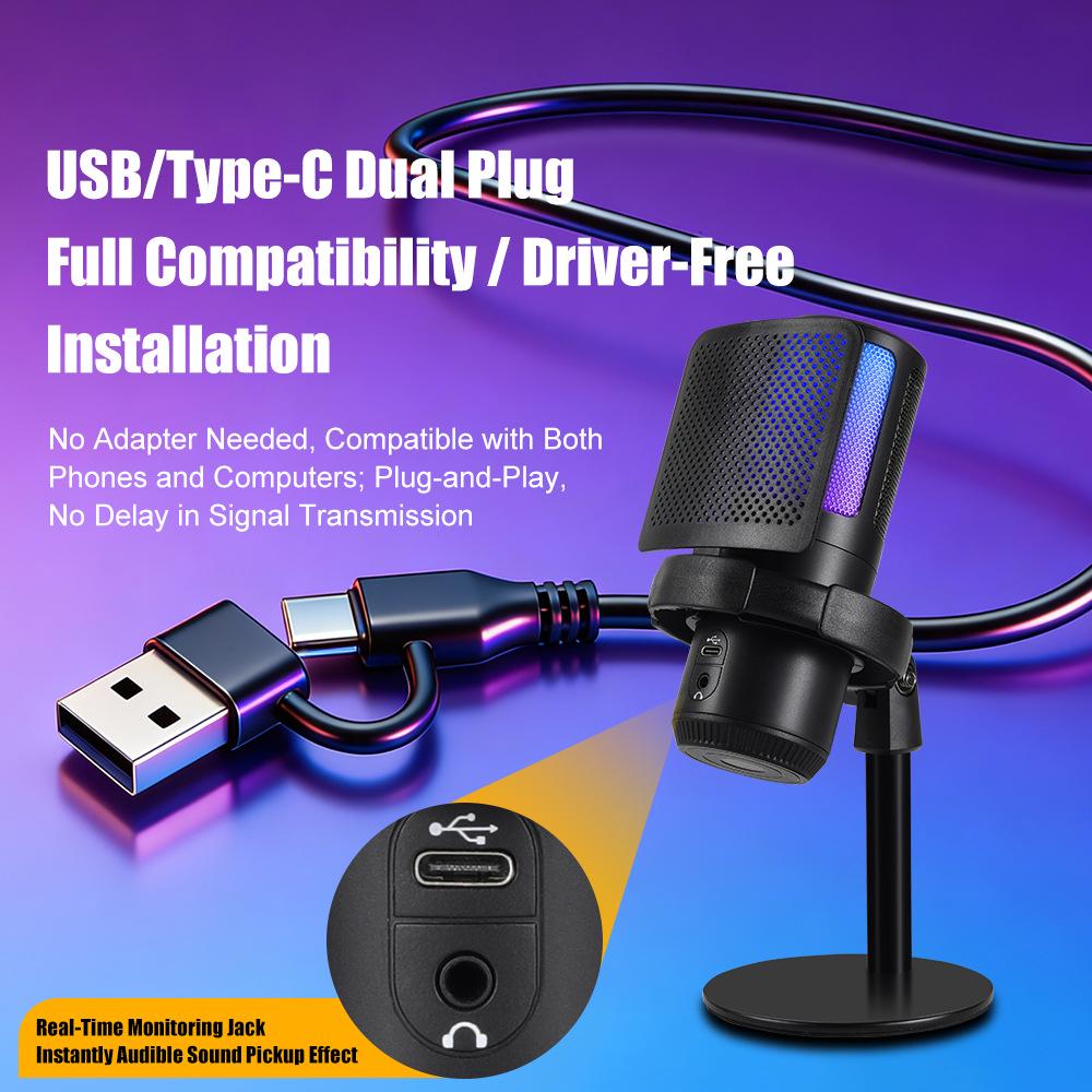 RGB USB Microphone with Desktop Boom Arm, One-Key Mute, Monitoring for Streaming, Gaming, Recording, KTV.