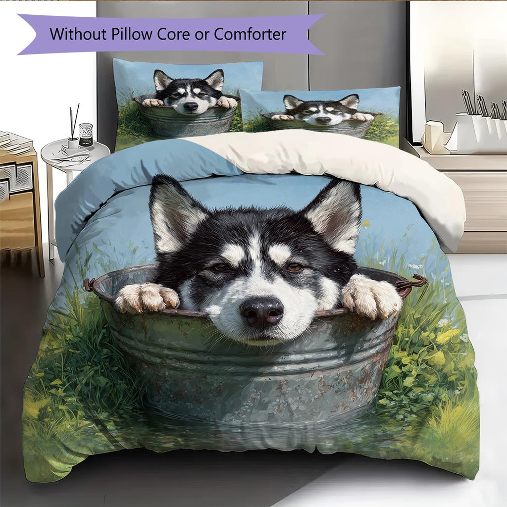 Husky and Grassland Pattern Bedding Home Decoration Birthday Gift (1 * duvet cover + 2 * pillowcase, without core)