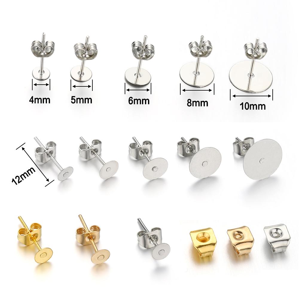 100pcs Stud Earrings Base Blank Post Ear Studs Base Set Pins With Ear Back Earring Plug for DIY Jewelry Making Findings Supplies