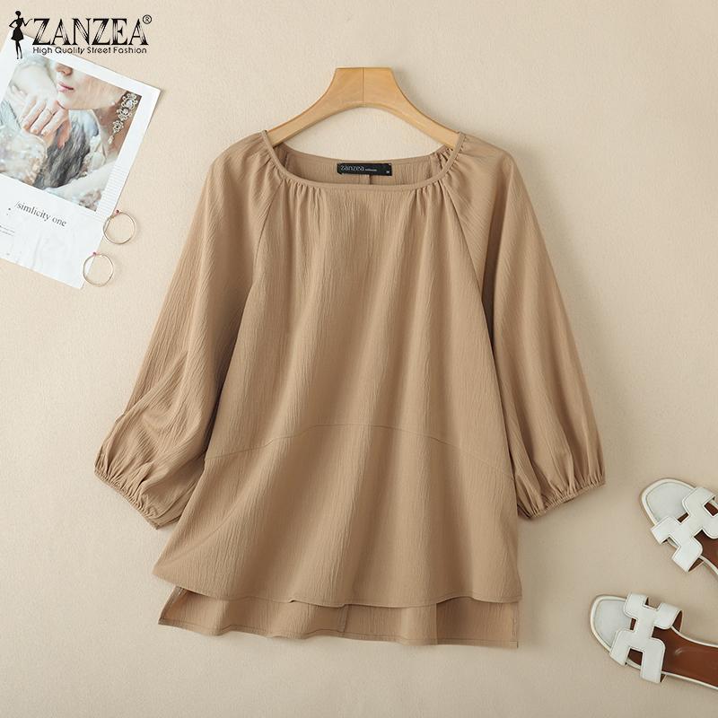 ZANZEA Женская повседневная однотонная блузка с круглым вырезом и рукавом 3/4