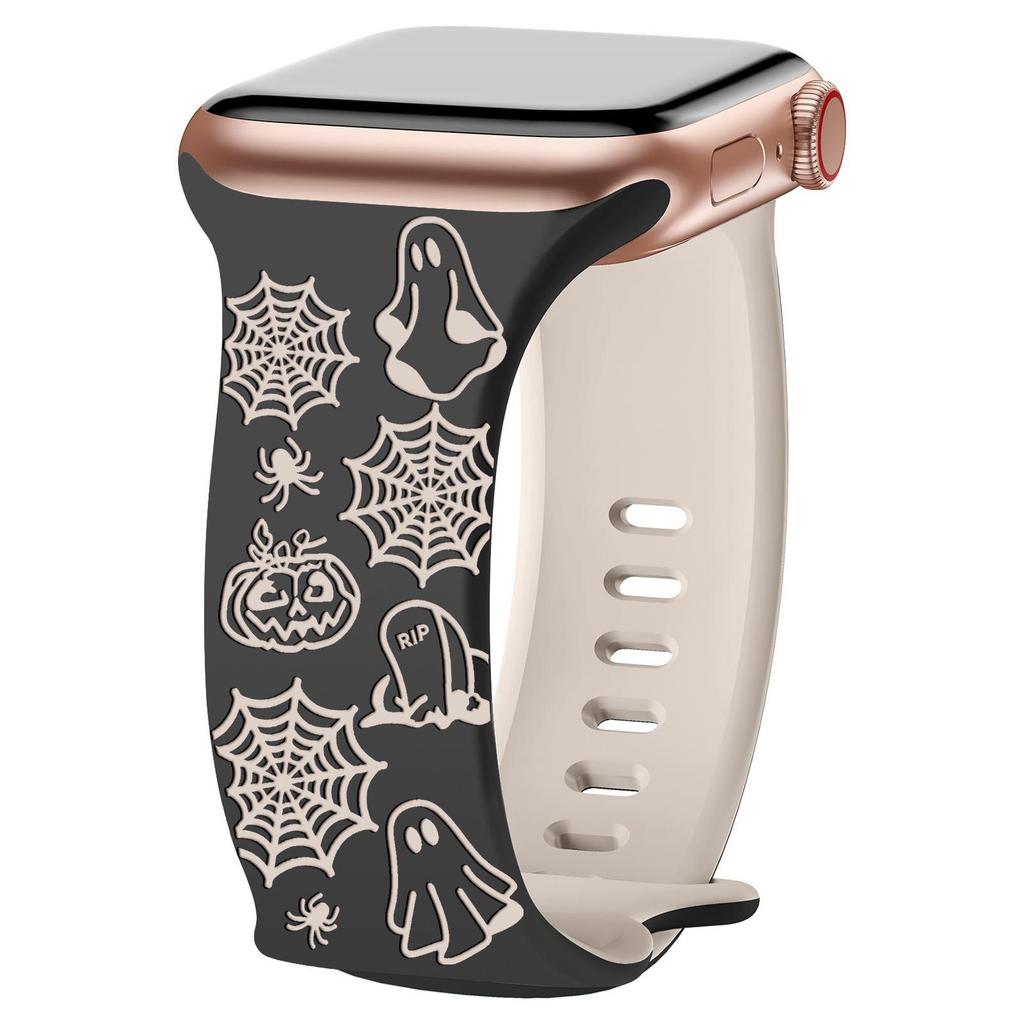 Силиконовый ремешок с гравировкой призрака и пряжкой-бабочкой для Apple Watch iWatch8 - Хэллоуинская версия